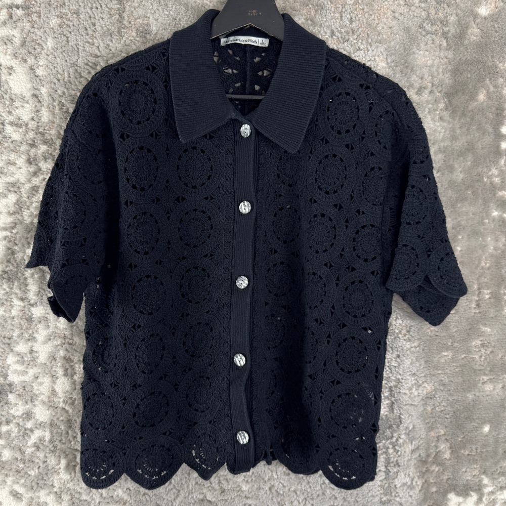 Abercrombie & Fitch Size L Crochet Knit Button Up Shirt Black Short Sleeve Women